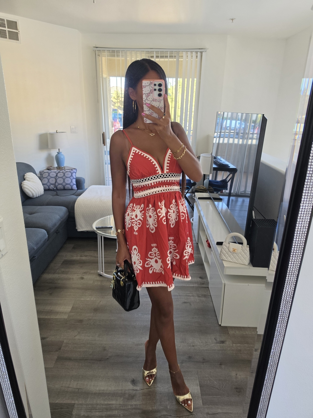 Red Embroidered Spaghetti-Strap Dress